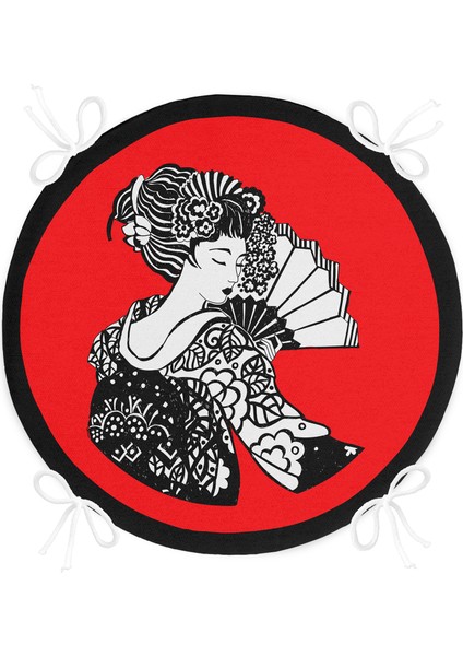 Real Homes Siyah ve Kırmızı Zeminde Gri Japon Kız Motifli Yuvarlak Fermuarlı Sandalye Minderi