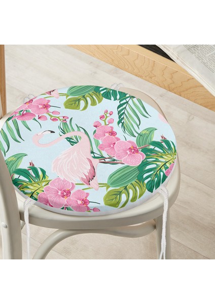 Real Homes Renkli Tropik Yaprak Flamingo Motifli Yuvarlak Fermuarlı Sandalye Minderi