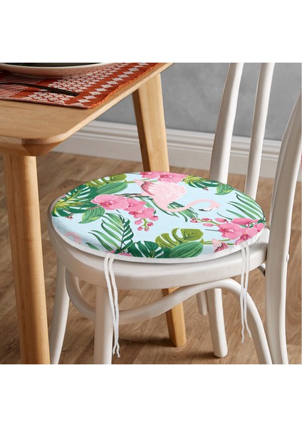 Real Homes Renkli Tropik Yaprak Flamingo Motifli Yuvarlak Fermuarlı Sandalye Minderi