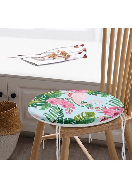 Real Homes Renkli Tropik Yaprak Flamingo Motifli Yuvarlak Fermuarlı Sandalye Minderi
