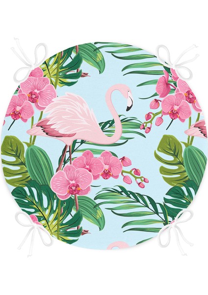 Real Homes Renkli Tropik Yaprak Flamingo Motifli Yuvarlak Fermuarlı Sandalye Minderi