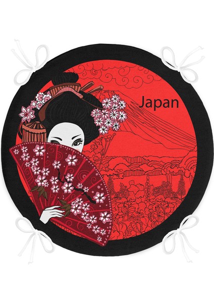 Real Homes Kırmızı Yelpazeli Şaman Japan Kadın Dijital Baskılı Yuvarlak Fermuarlı Sandalye Minderi fırsatları