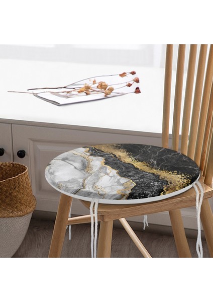 Real Homes Modern Siyah Beyaz Altın Mermer Motifli Dijital Baskılı Yuvarlak Fermuarlı Sandalye Minderi modelleri