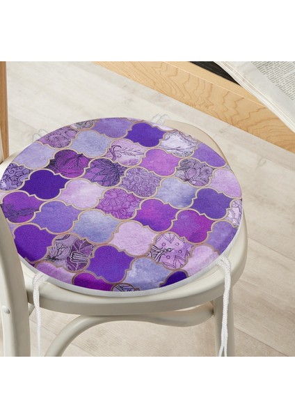 Real Homes Mor Renkli Ogea Desenli Özel Tasarım Yuvarlak Fermuarlı Sandalye Minderi