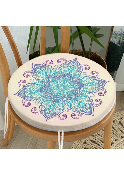 Real Homes Pembe Zeminde Mavi Mandala Çizimli Modern Yuvarlak Fermuarlı Sandalye Minderi