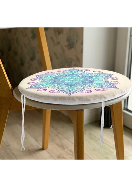 Real Homes Pembe Zeminde Mavi Mandala Çizimli Modern Yuvarlak Fermuarlı Sandalye Minderi modelleri