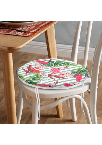 Real Homes Flamingo Motifli Şerit Desenli Yuvarlak Fermuarlı Sandalye Minderi