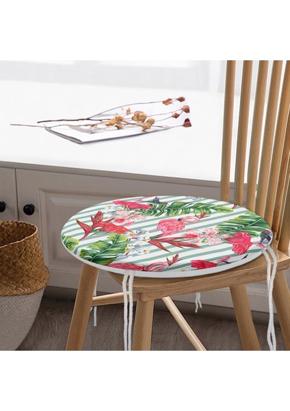 Real Homes Flamingo Motifli Şerit Desenli Yuvarlak Fermuarlı Sandalye Minderi