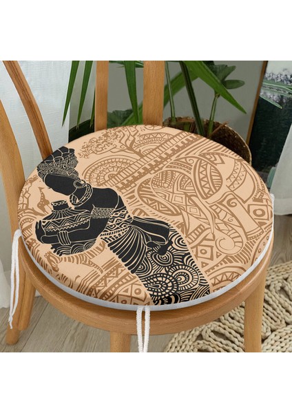 Real Homes Etnik Desen Zeminli Afrika Kadın Motifli Yuvarlak Fermuarlı Sandalye Minderi