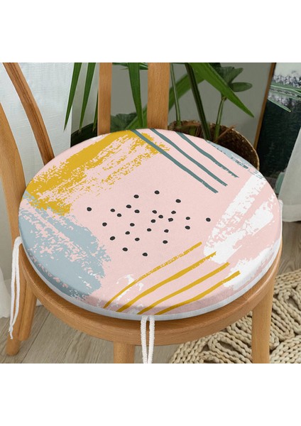 Real Homes Pembe Zeminde Soyut Sulu Boya Çizimli Yuvarlak Fermuarlı Sandalye Minderi