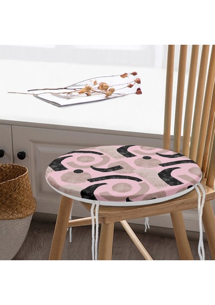 Real Homes Pembe Zeminde Soyut Geometrik Çizim Motifli Yuvarlak Fermuarlı Sandalye Minderi modelleri