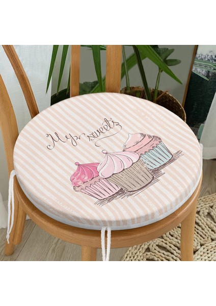 Real Homes Cup Cake Dijital Baskılı Modern Yuvarlak Fermuarlı Sandalye Minderi