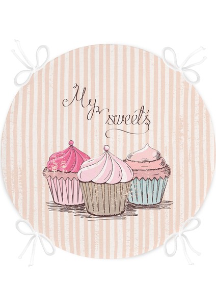 Real Homes Cup Cake Dijital Baskılı Modern Yuvarlak Fermuarlı Sandalye Minderi