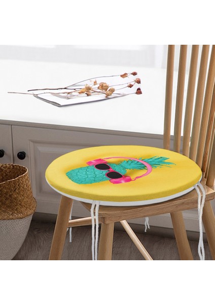 Real Homes Sarı Zeminli Ananas Detaylı Modern Yuvarlak Fermuarlı Sandalye Minderi modelleri