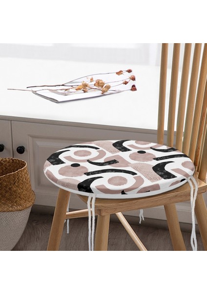 Real Homes Beyaz Zeminde Soyut Geometrik Çizim Motifli Yuvarlak Fermuarlı Sandalye Minderi modelleri