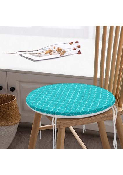 Real Homes Mavi Geometrik Pul Desenli Dijital Baskılı Yuvarlak Fermuarlı Sandalye Minderi