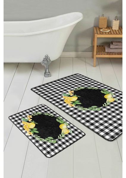 Siyah Ekose Motifli Limon Tasarımlı 2'li Banyo Paspas Takımı & Klozet Paspas Seti