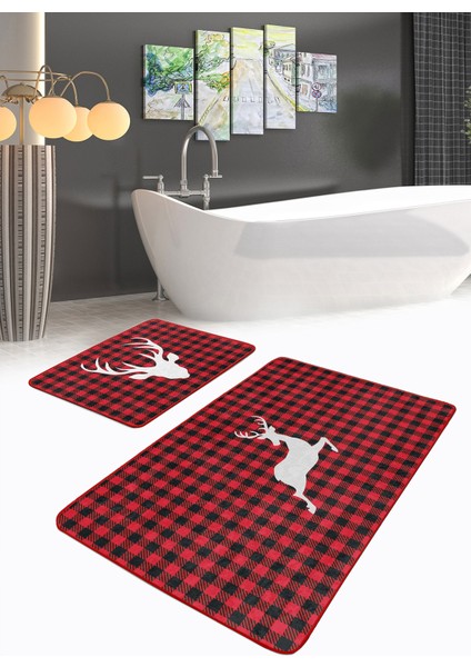 Kırmızı Ekose Geyik Motifli 2'li Mutfak Paspas Seti & Banyo Paspas Takımı