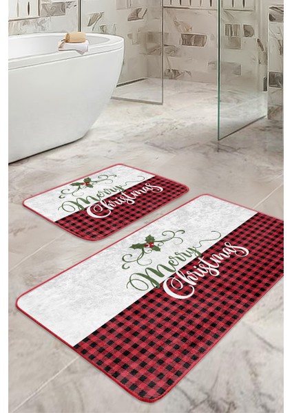 Mery Christmas Motifli 2'li Banyo Paspas Takımı & Mutfak Paspas Seti