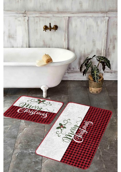 Mery Christmas Motifli 2'li Banyo Paspas Takımı & Mutfak Paspas Seti