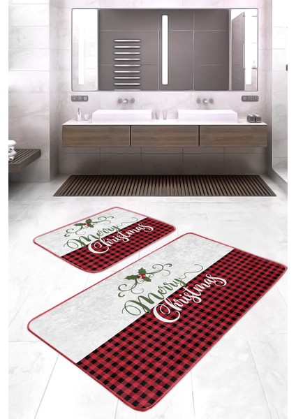 Mery Christmas Motifli 2'li Banyo Paspas Takımı & Mutfak Paspas Seti