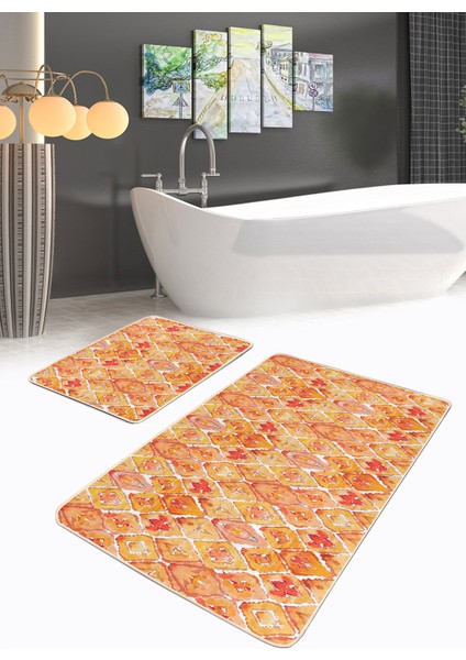 Turuncu Ebru Sanatı Desenli 2'li Banyo Halı Takımı & Klozet Paspas Seti
