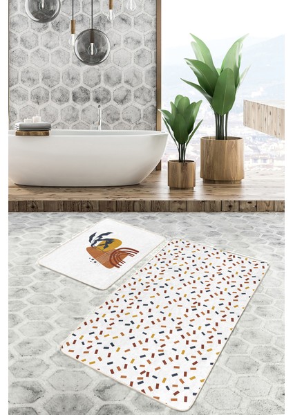 Renkli Geometrik Motifli 2'li Banyo Paspas Takımı & Mutfak Paspas Seti