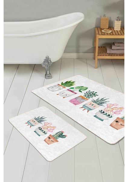 Sevimli Saksılı Çiçekler Özel Tasarım 2'li Banyo Paspas Seti & Mutfak Paspas Takımı