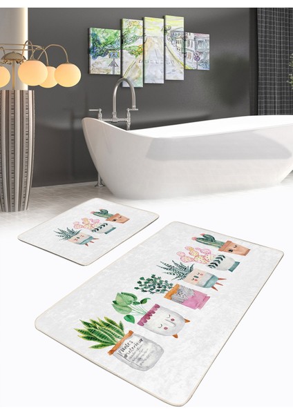 Sevimli Saksılı Çiçekler Özel Tasarım 2'li Banyo Paspas Seti & Mutfak Paspas Takımı