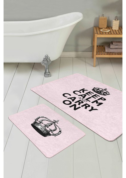 Pembe Zemin Keep Calm Tasarımlı 2'li Banyo Halı Seti & Mutfak Paspas Takımı