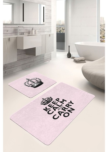 Pembe Zemin Keep Calm Tasarımlı 2'li Banyo Halı Seti & Mutfak Paspas Takımı modelleri