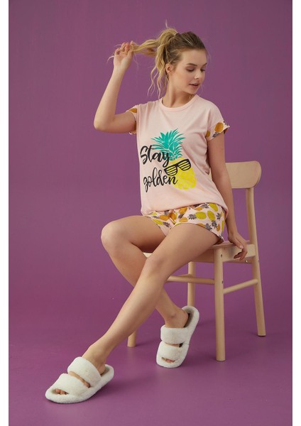 Kadın Ananas Baskı Şortlu Pijama Takımı (3301-7)