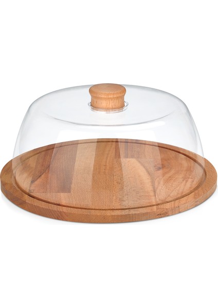Swan 29 cm Şeffaf Kek Fanusu Ahşap Tabanlı Plastik Kapaklı Doğal Desenli