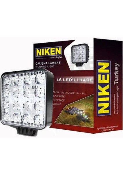 Nıken 16 Ledli 12V 24V Kare Çalışma Lambası