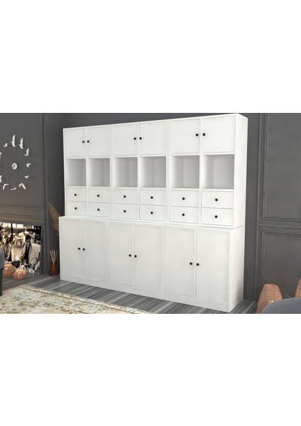 Rafli Dolapli Çekmeceli Vitrin Beyaz 196 cm VTR-1053-Ç