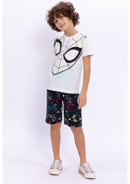 Lisanslı Krem Siyah Erkek Çocuk Bisiklet Yaka Bermuda Takım