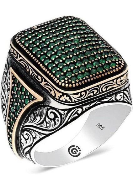Homero Yeşil Zirkon Yanı Taşlı Işlemeli Özel Seri Erkek Gümüş Yüzük