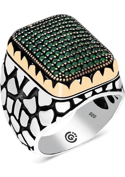 Rennes Yeşil Zirkon Taşlı Yanı Işlemeli Özel Seri Erkek Gümüş Yüzük