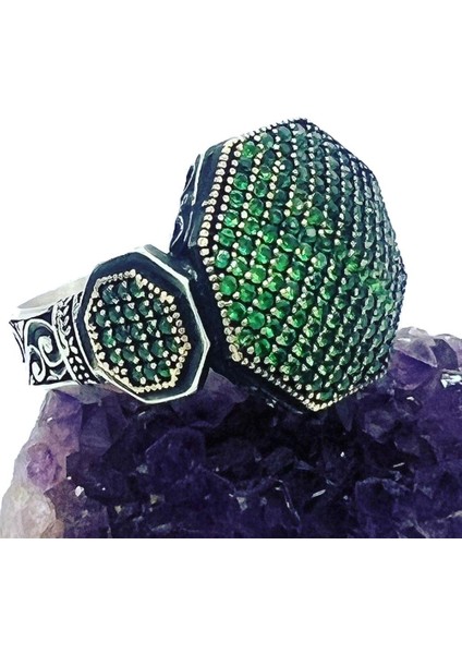 Akron Yeşil Zirkon Yanı Taşlı Özel Seri Erkek Gümüş Yüzük