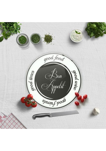 Cam Kesme Tahtası - Cam Kesme Tablası | Good Food - Siyah Fon | Çap 32cm