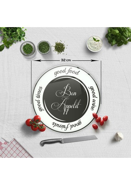 Cam Kesme Tahtası - Cam Kesme Tablası | Good Food - Siyah Fon | Çap 32cm fiyatları