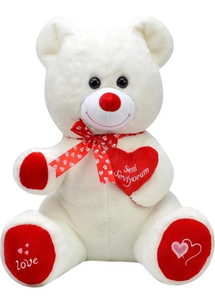 Tıkıl Ayı 57 cm Ekru Kalpli Pelüş Ayı Sevgiliye Hediye