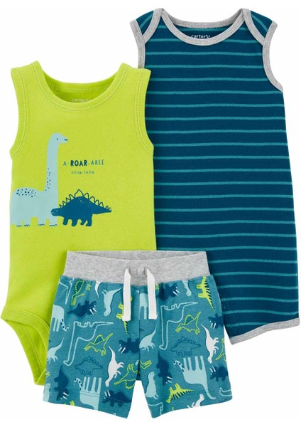 Erkek Bebek Body Şort Set 3'lü Paket Yeşil