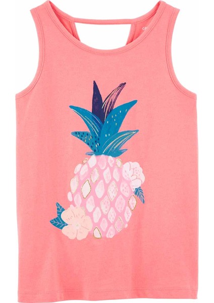 Kız Çocuk Ananas Desenli Tshirt Kolsuz Turuncu