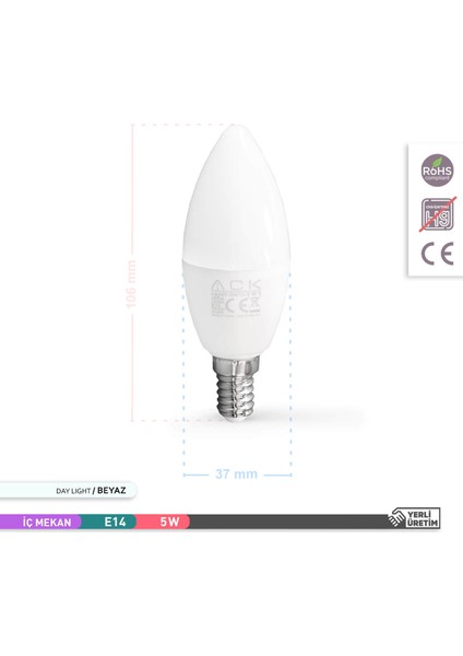 LED Mum Ampul 6500K Beyaz Işık 220V 5W E14