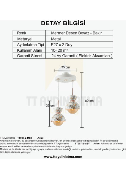 TT007-2 Mby Tt Aydınlatma Mermer Desen 2 Li Beyaz Lüks Avize