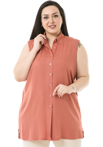 Büyük Beden Yanları Yırtmaçlı Gömlek Yaka Kolsuz Kiremit Bayan Gömlek