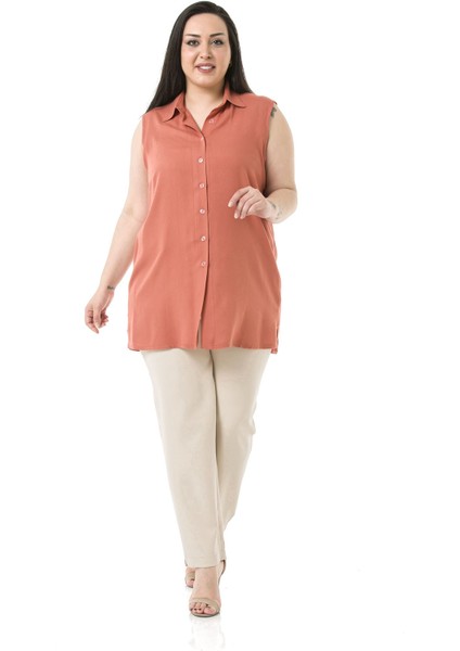 Büyük Beden Yanları Yırtmaçlı Gömlek Yaka Kolsuz Kiremit Bayan Gömlek fiyatları