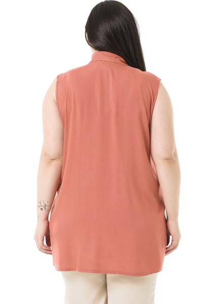 Büyük Beden Yanları Yırtmaçlı Gömlek Yaka Kolsuz Kiremit Bayan Gömlek modelleri