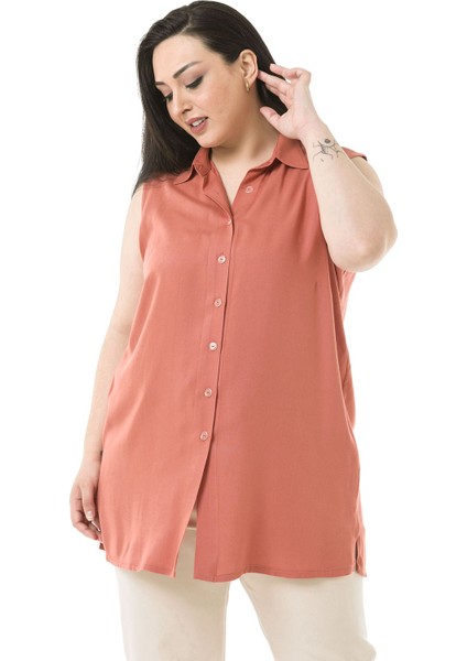 Büyük Beden Yanları Yırtmaçlı Gömlek Yaka Kolsuz Kiremit Bayan Gömlek indirimleri